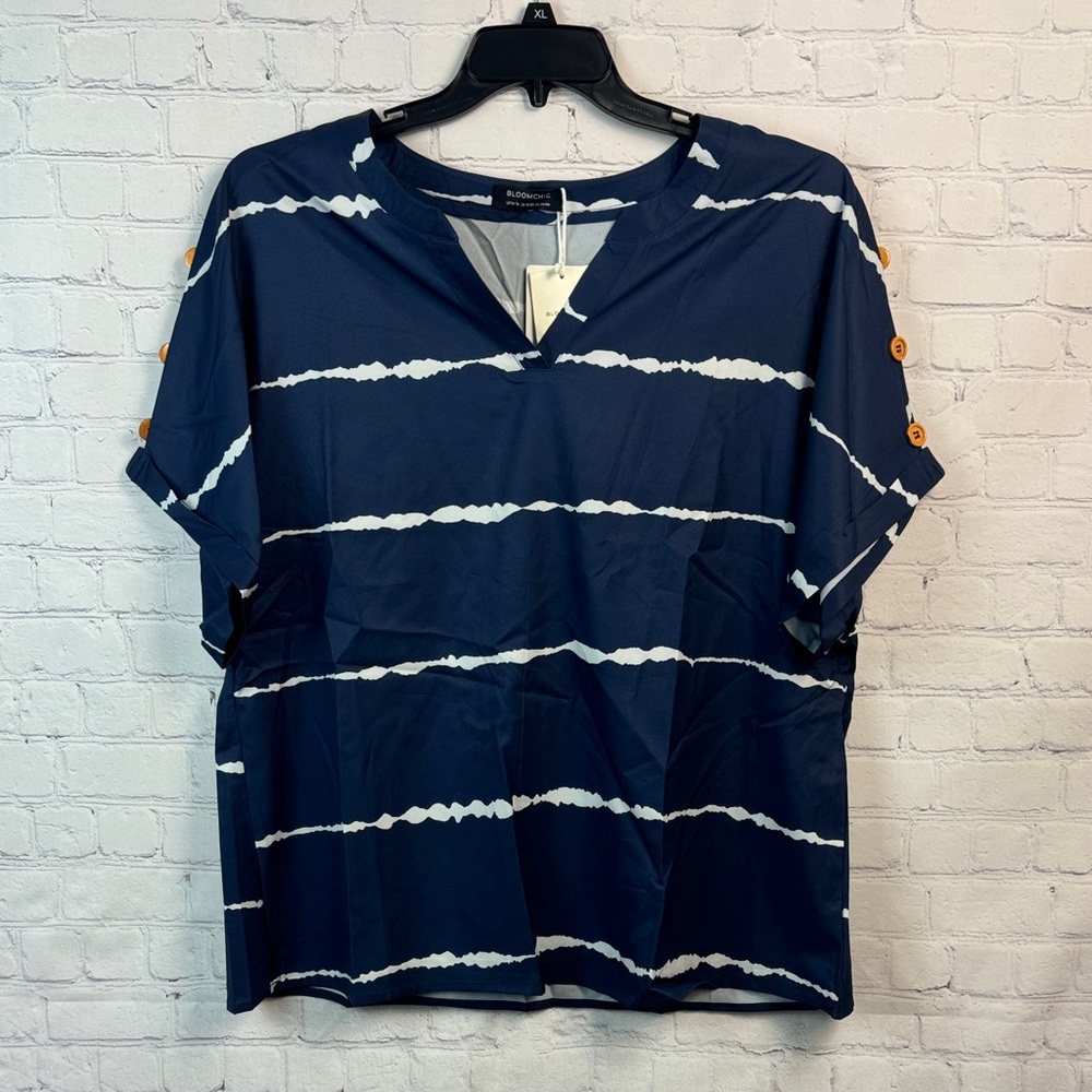 BloomChic Navy and White Striped Blouse With Button Detail Plus Size 1X - Picture 2 of 6